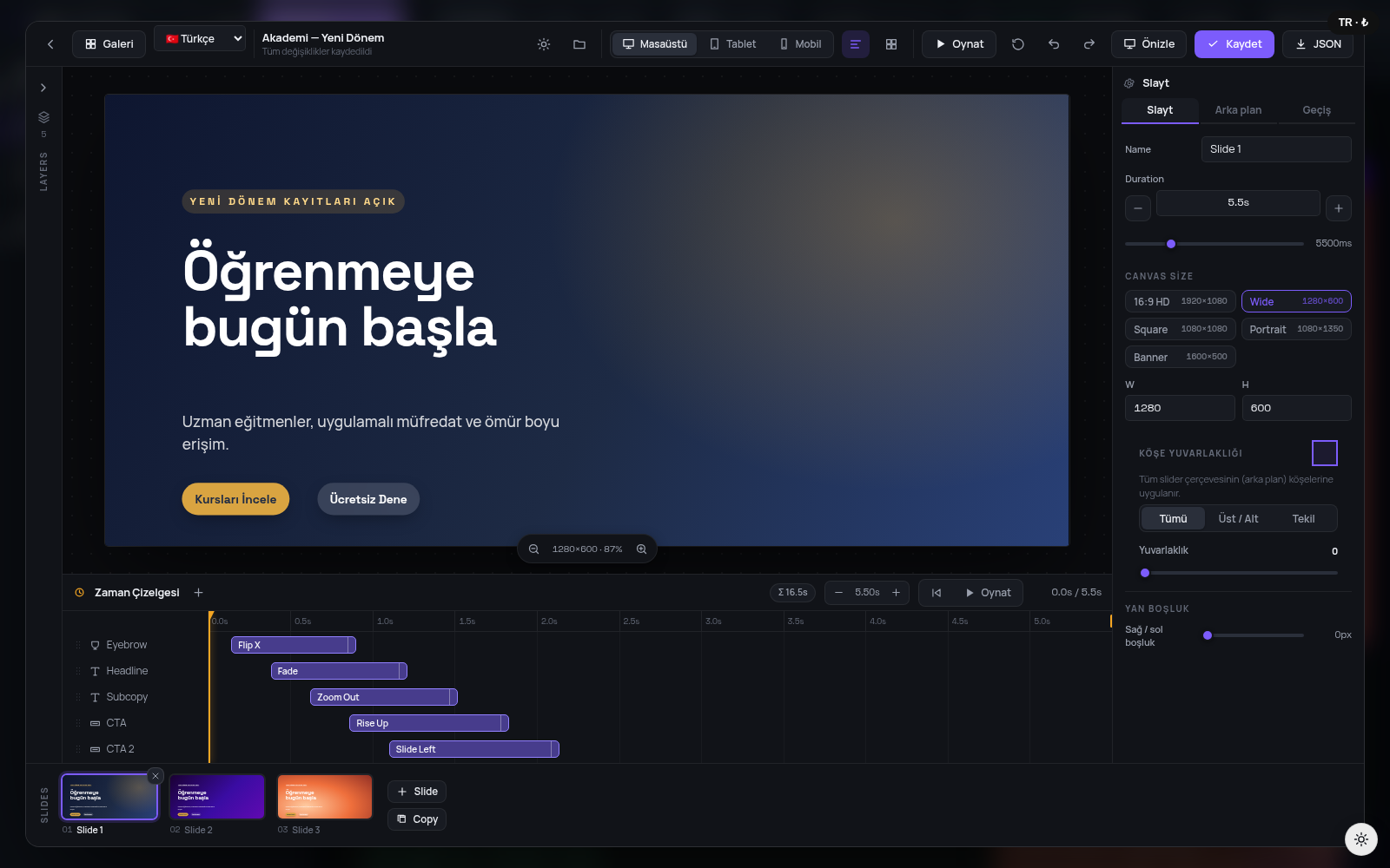 Slider Studio'da eğitim şablonu düzenleme